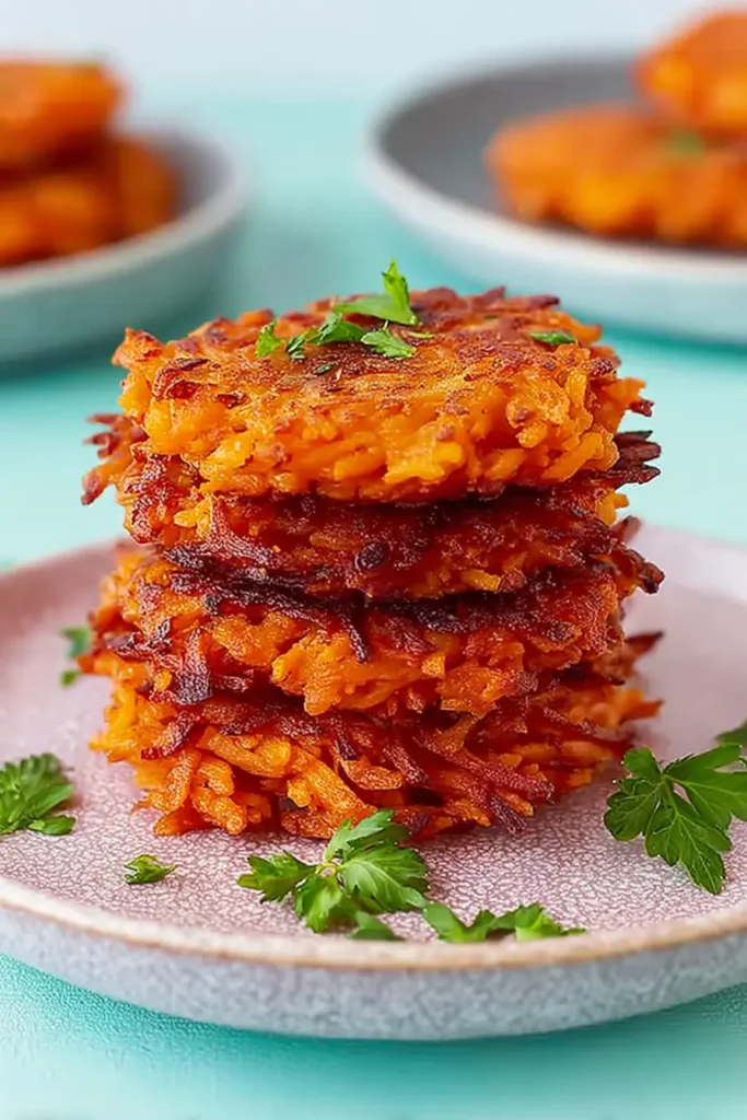 Crispy sweet potato hash browns stacked on a plate with fresh herbs