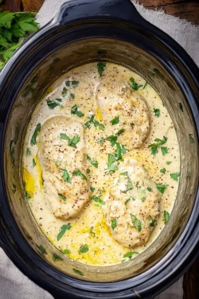 Crock Pot Angel Chicken cooking in creamy sauce in slow cooker