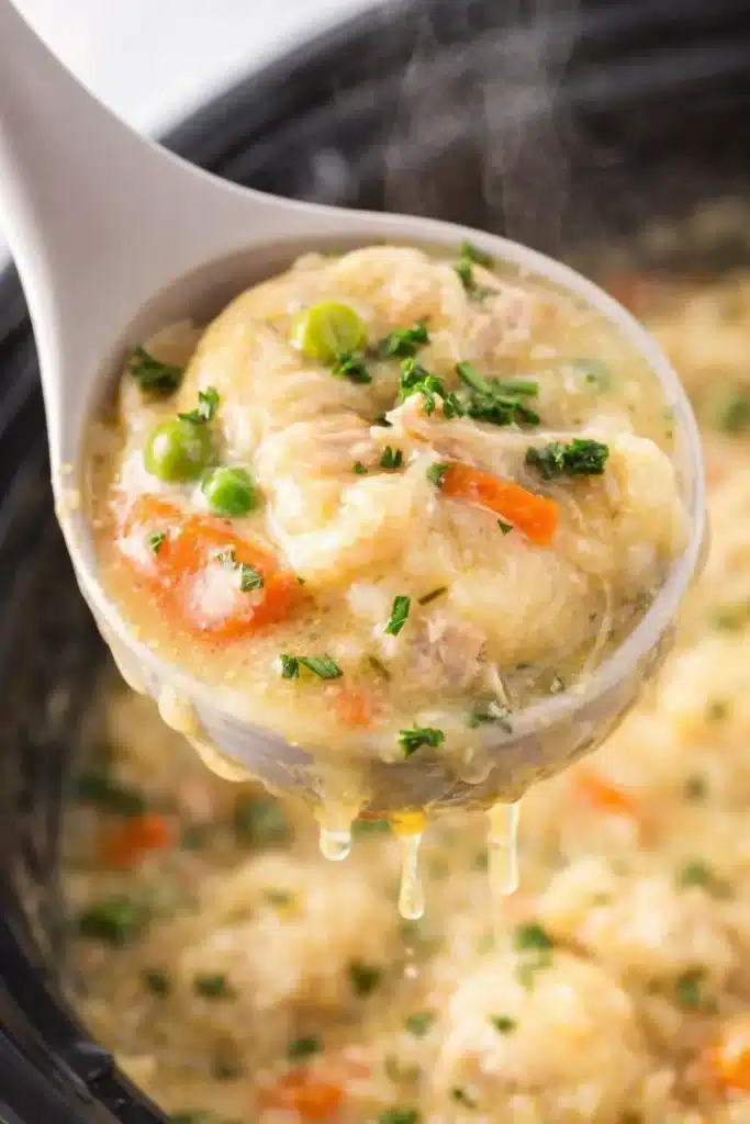 Crockpot Chicken and Dumplings Easy Comfort Meal 6 Crockpot Chicken and Dumplings in ladle with creamy broth and fluffy dumplings