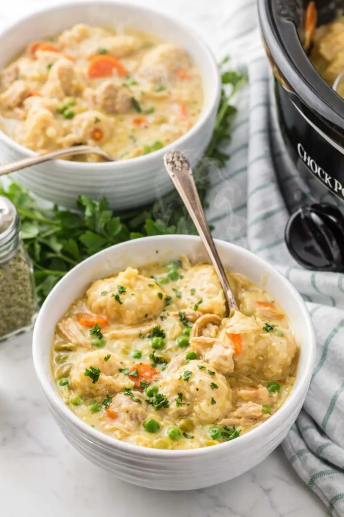 Crockpot Chicken and Dumplings Easy Comfort Meal 5 Crockpot Chicken and Dumplings served in bowls with creamy broth and fluffy dumplings