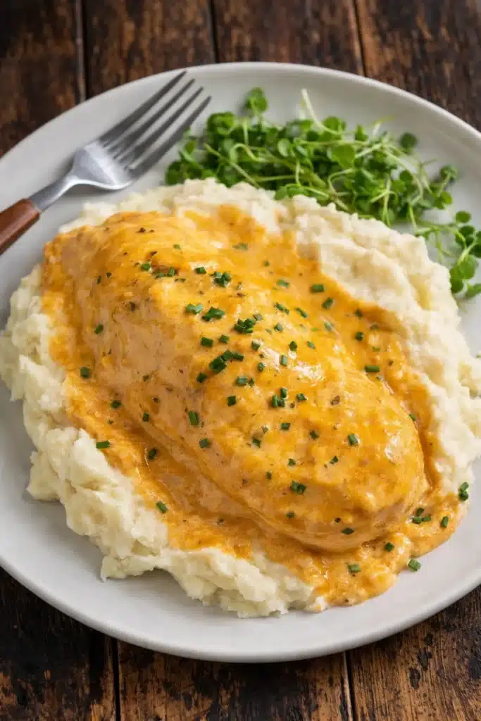 Crockpot French Market Chicken Easy Delicious Family Dinner 5 Crockpot French Market Chicken with creamy sauce over mashed potatoes on white plate