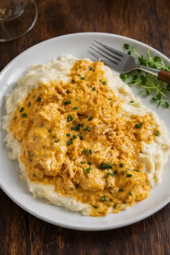 Crockpot French Market Chicken with creamy sauce served over mashed potatoes