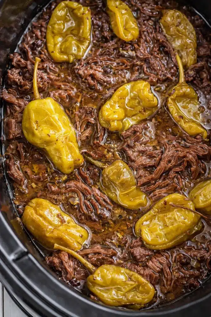 Crockpot Mississippi Pot Roast cooking with shredded beef and pepperoncini