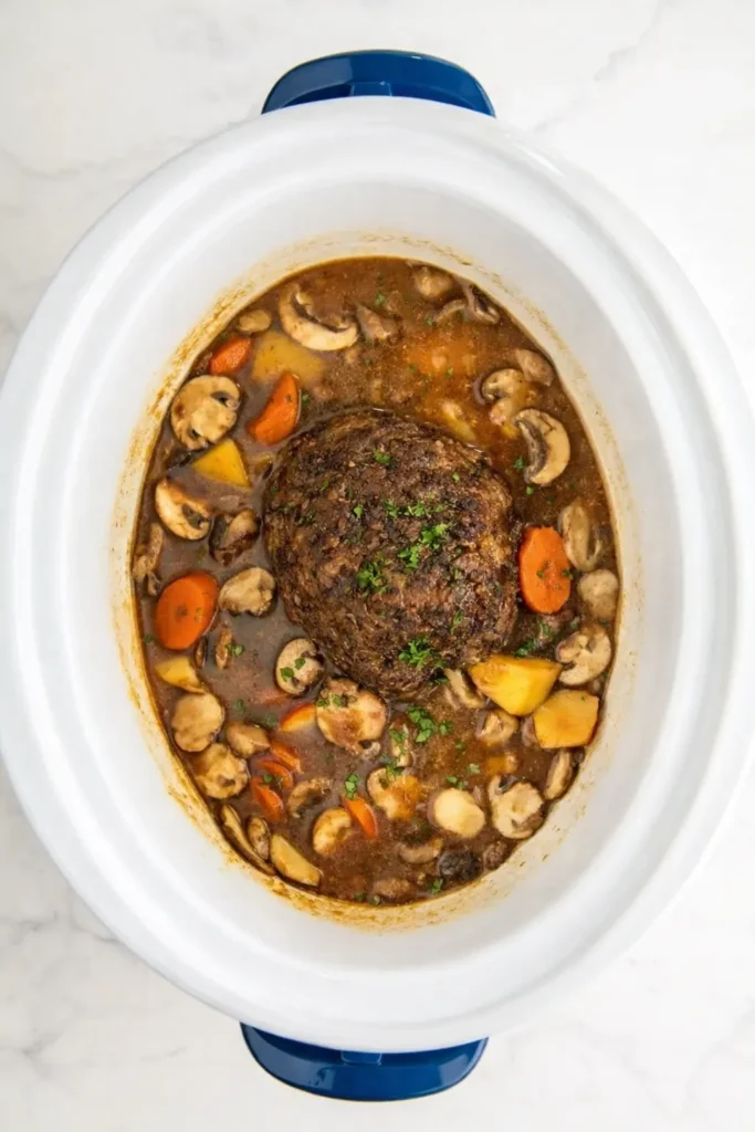 Crockpot Pot Roast Easy Amazing Comfort Recipe 5 Crockpot Pot Roast cooking in slow cooker with beef, carrots, and potatoes