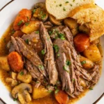 Crockpot Pot Roast Easy Amazing Comfort Recipe 7 Crockpot pot roast with tender beef, carrots, potatoes, and gravy in a rustic bowl