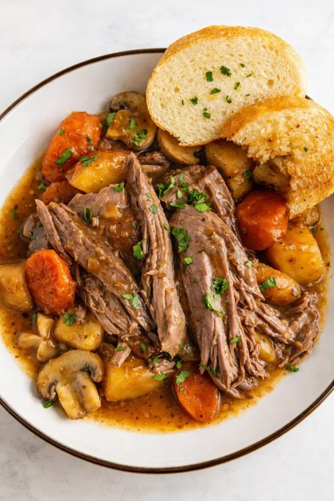 Crockpot pot roast with tender beef, carrots, potatoes, and gravy in a rustic bowl