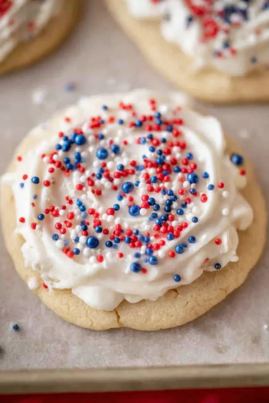 Crumbl patriotic birthday cake cookie with white frosting and red blue sprinkles