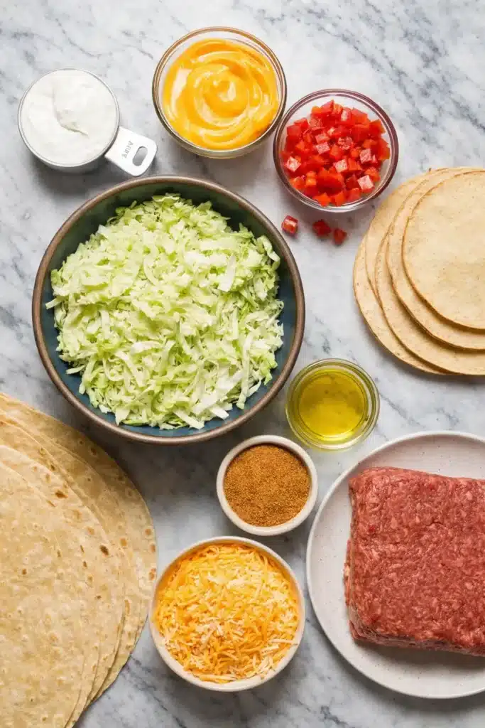 Crunch Wrap Supreme ingredients flat lay with tortillas, beef, cheese, lettuce, and toppings