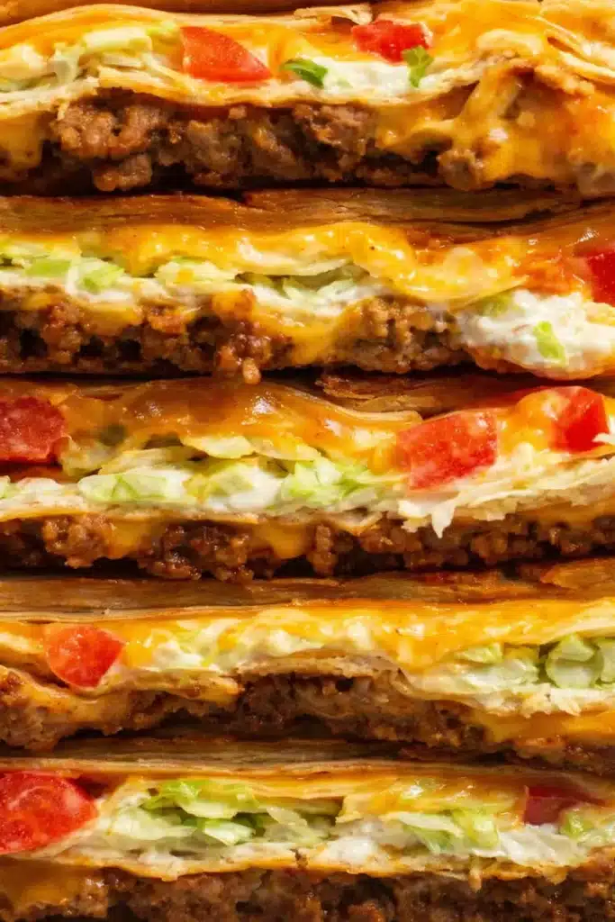 Crunch Wrap Supreme layers with melted cheese, beef, lettuce, and tomatoes close-up