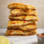 Stacked crunch wrap supreme halves with beef, melted cheese, lettuce, and tomatoes