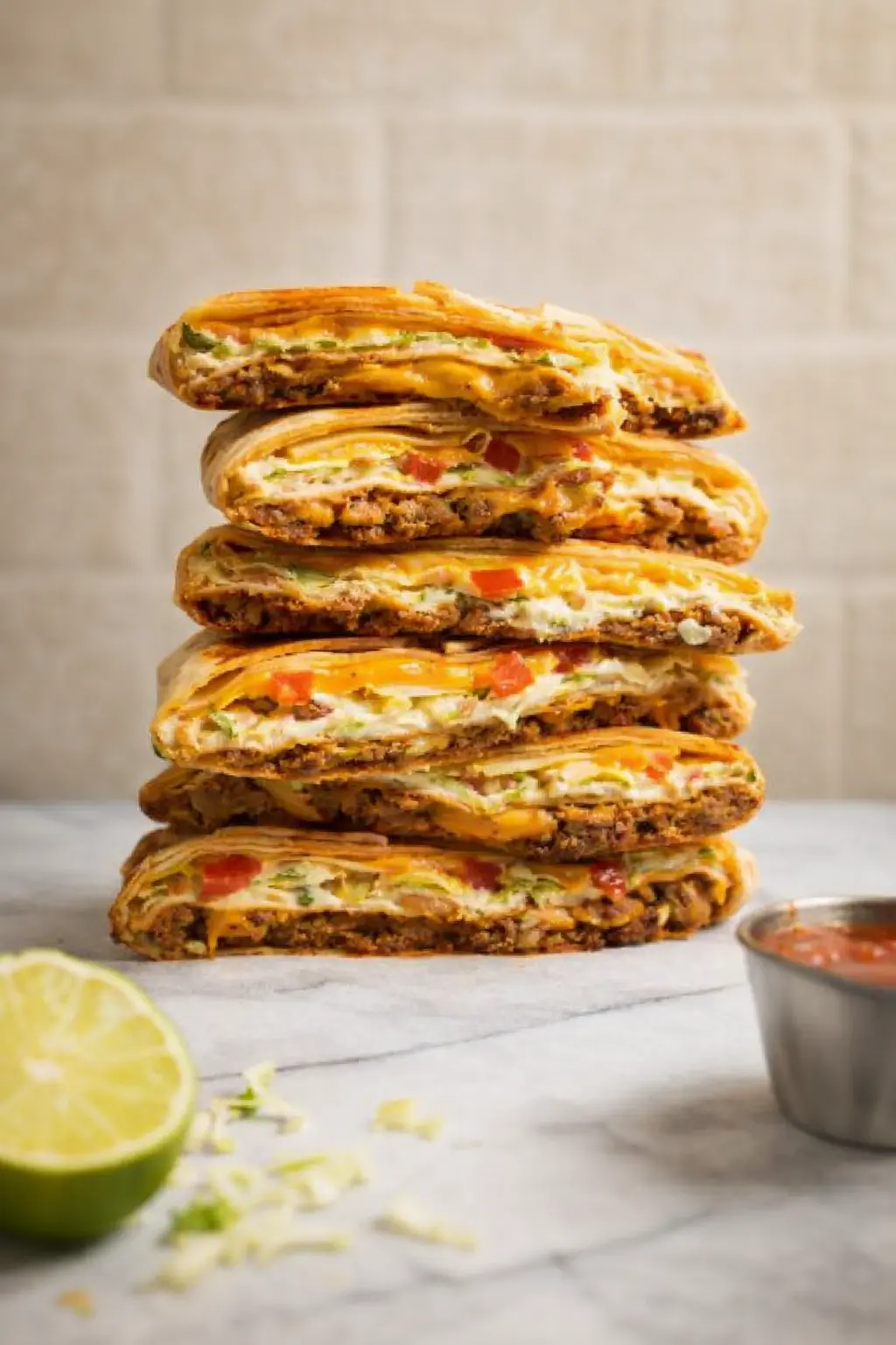 Stacked crunch wrap supreme halves with beef, melted cheese, lettuce, and tomatoes