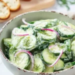 Cucumber dill salad with creamy dressing, fresh herbs, and red onion in a bowl