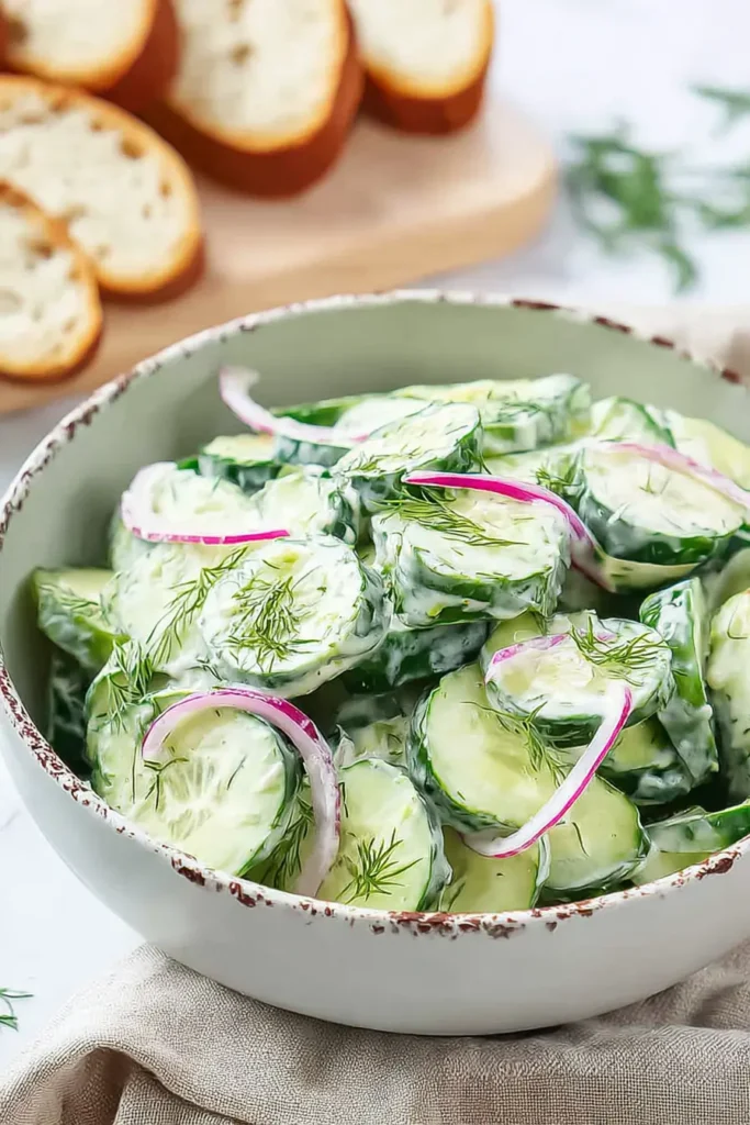 Cucumber dill salad with creamy dressing, fresh herbs, and red onion in a bowl