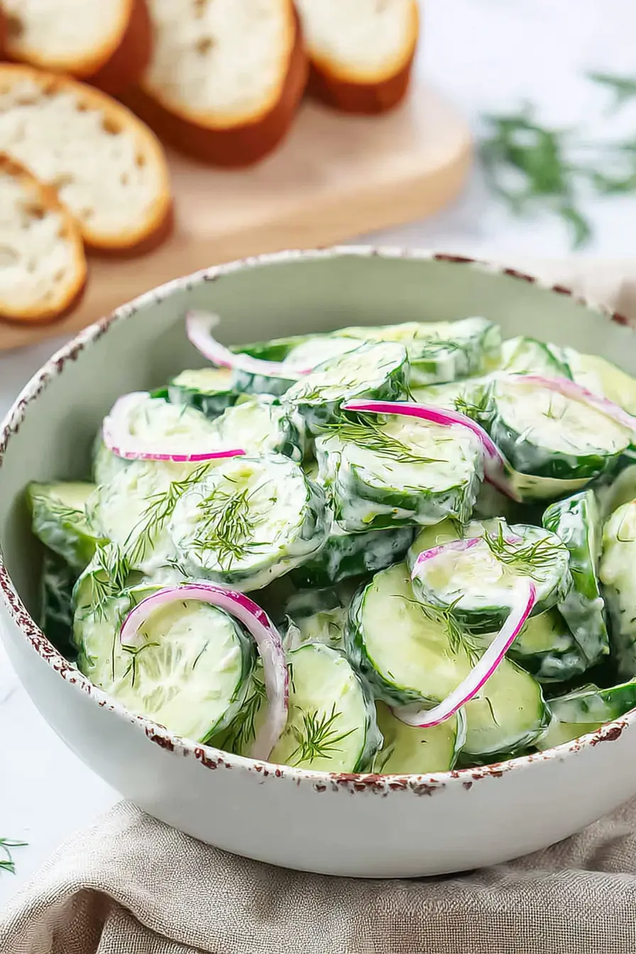 Cucumber dill salad with creamy dressing, fresh herbs, and red onion in a bowl
