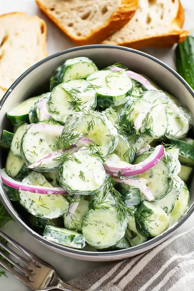 Cucumber Dill Salad served with bread and creamy dressing in a bowl