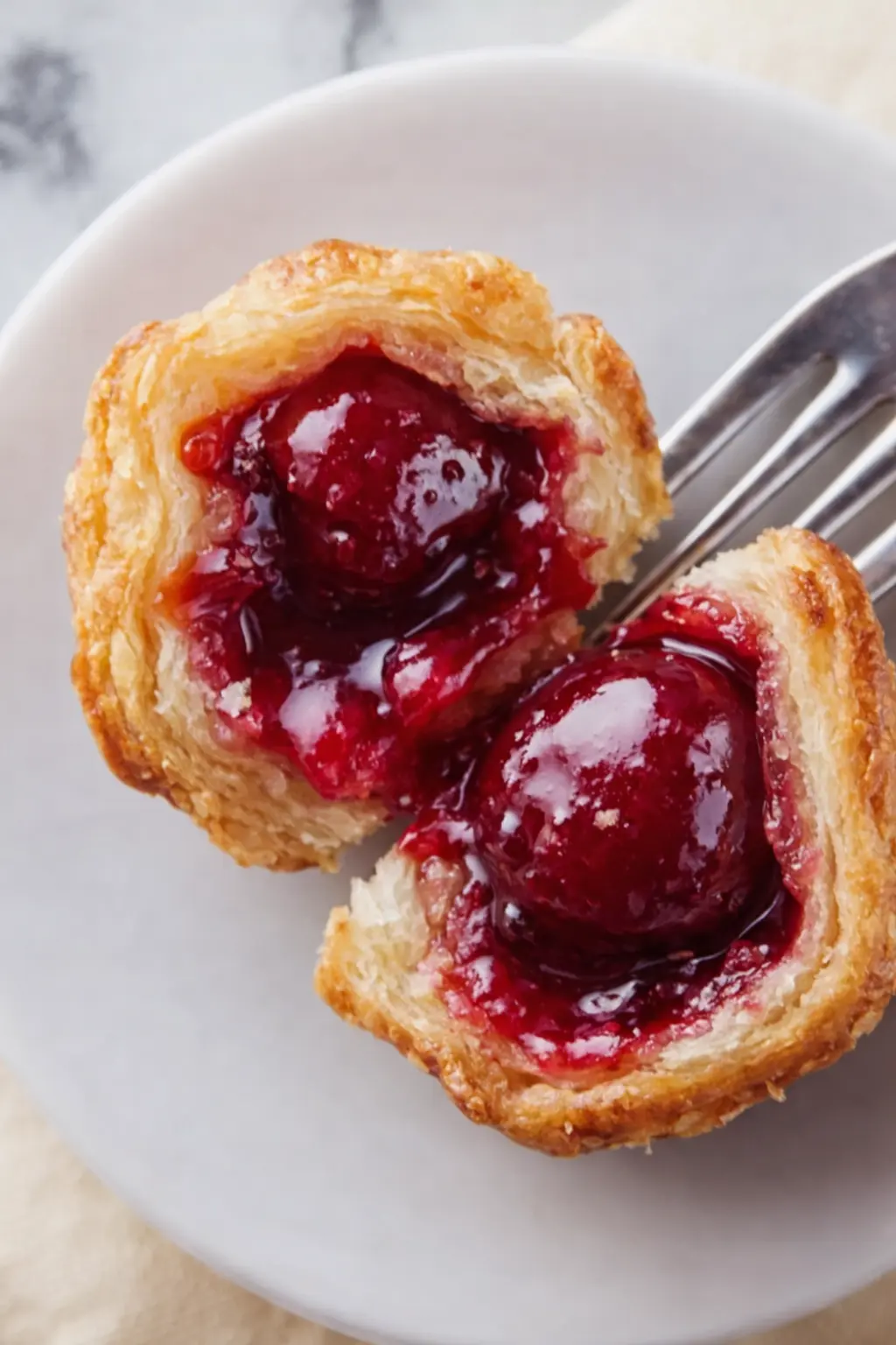Flaky cherry pie bites with glossy filling on fork close-up