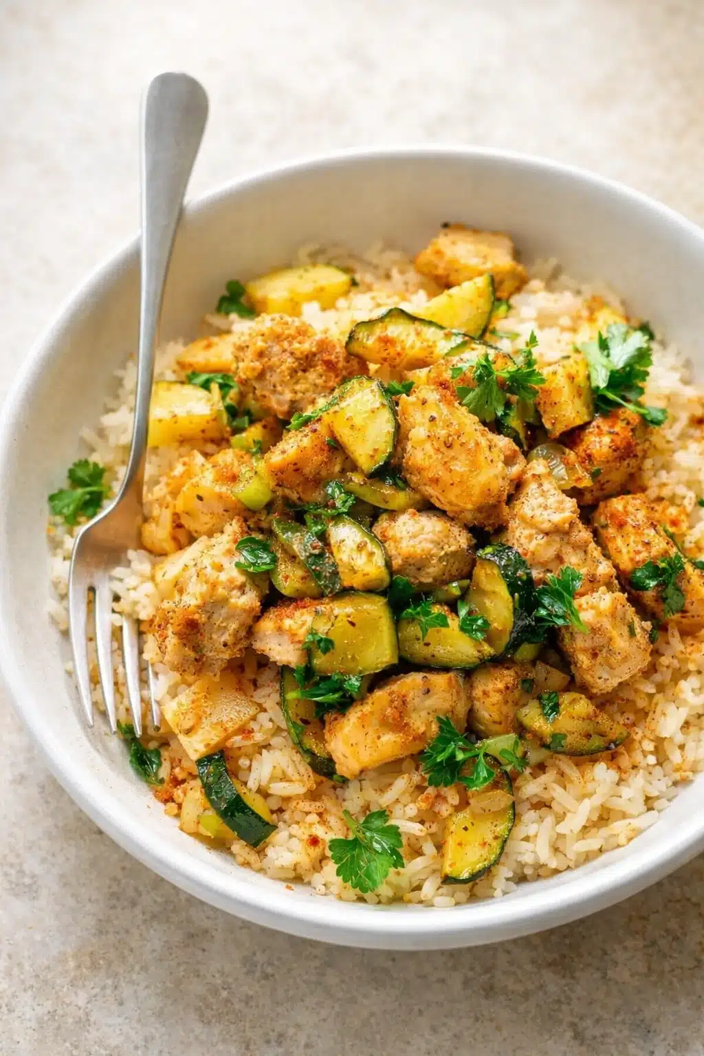 home 6 Easy baked chicken and zucchini served over rice with herbs and spices