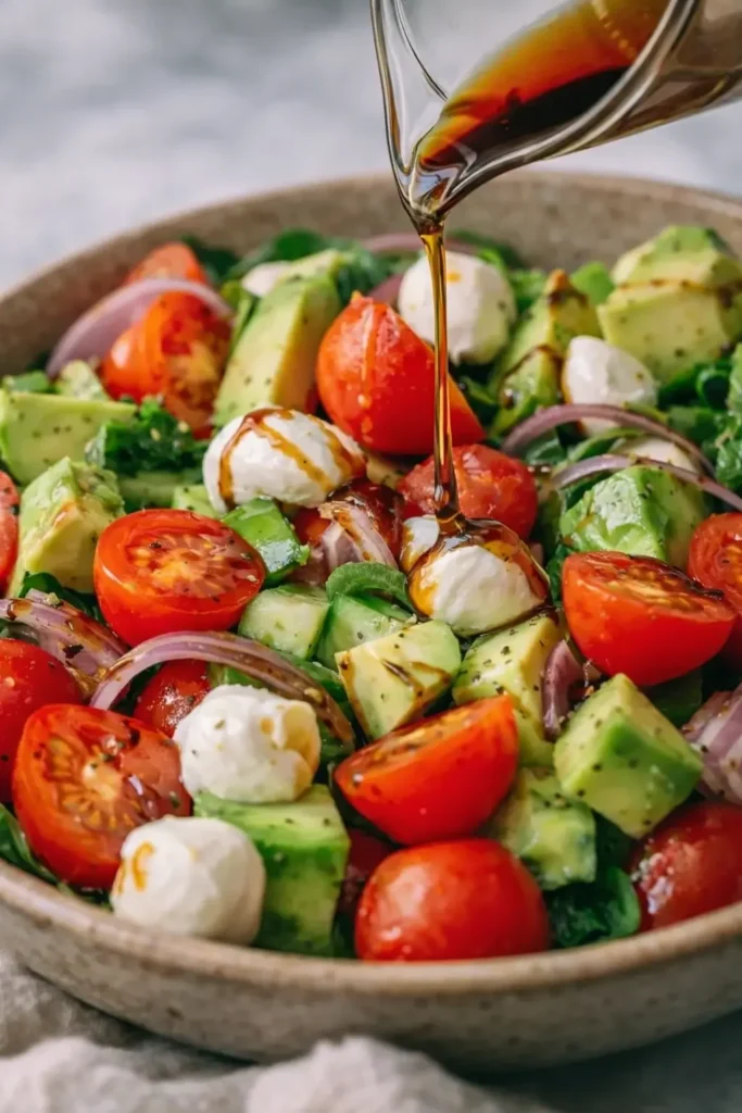 easy cucumber mozzarella salad with avocado tomatoes and balsamic dressing