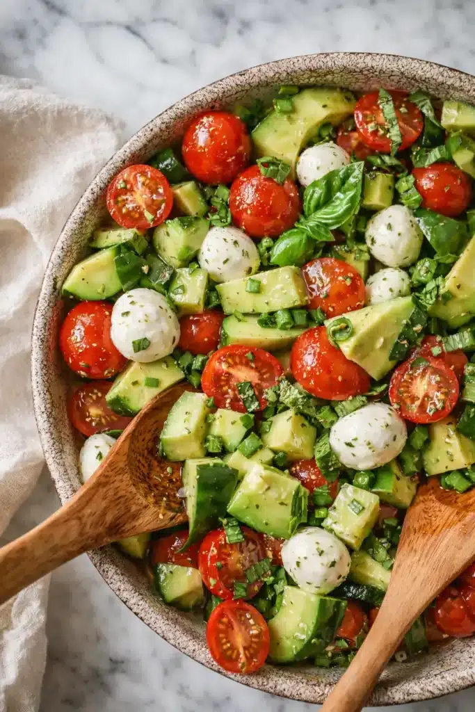 easy cucumber mozzarella salad with avocado tomatoes and fresh herbs