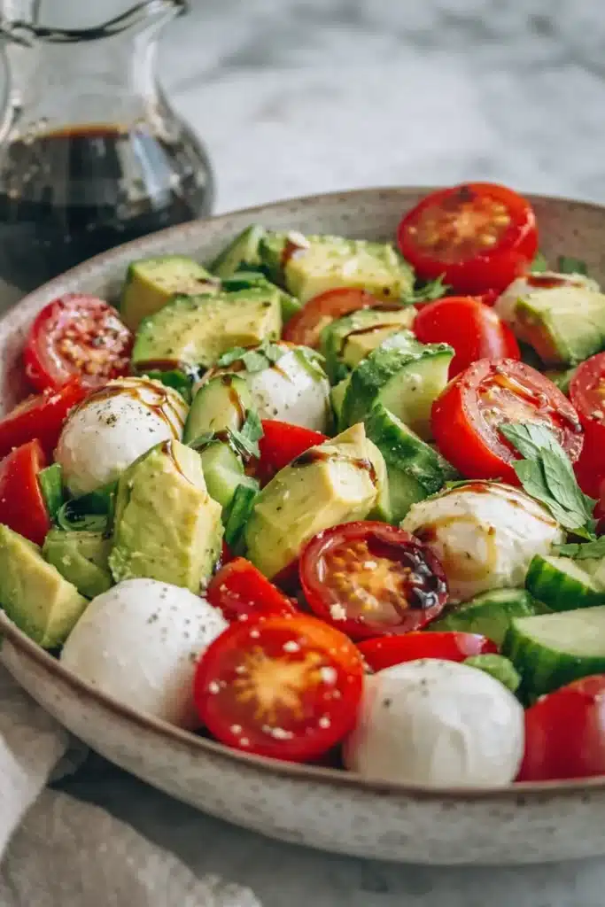 easy cucumber mozzarella salad with avocado tomatoes and balsamic glaze