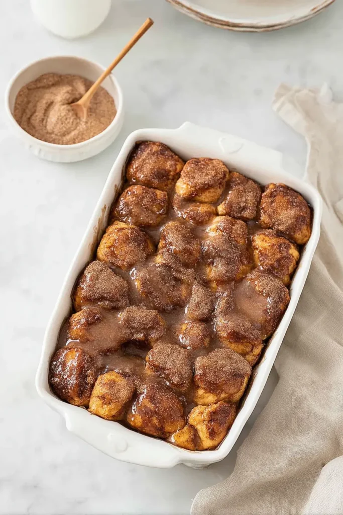 Easy Monkey Bread in baking dish with cinnamon sugar glaze and soft pull apart texture