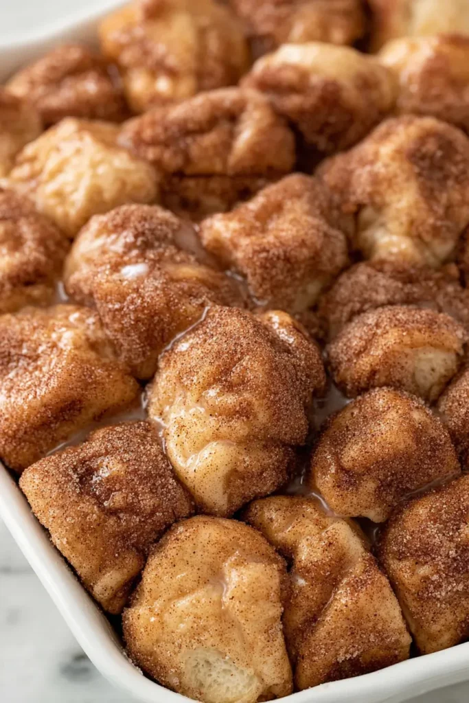 Easy Monkey Bread close up with cinnamon sugar coating and soft gooey texture
