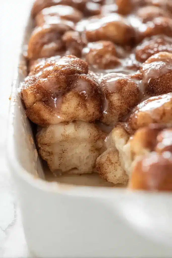 Easy Monkey Bread close up with gooey cinnamon sugar glaze and soft pull apart texture