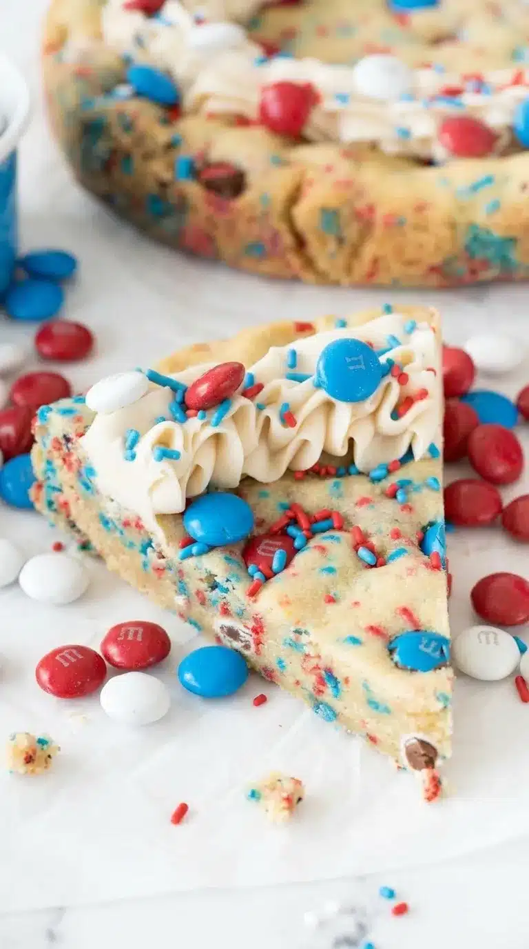 Fireworks sugar cookie cake slice with frosting and red blue candy sprinkles