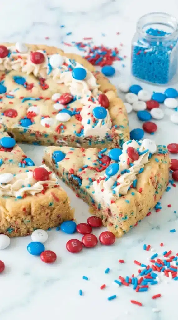 Fireworks Sugar Cookie Cake slices with frosting and colorful candy toppings