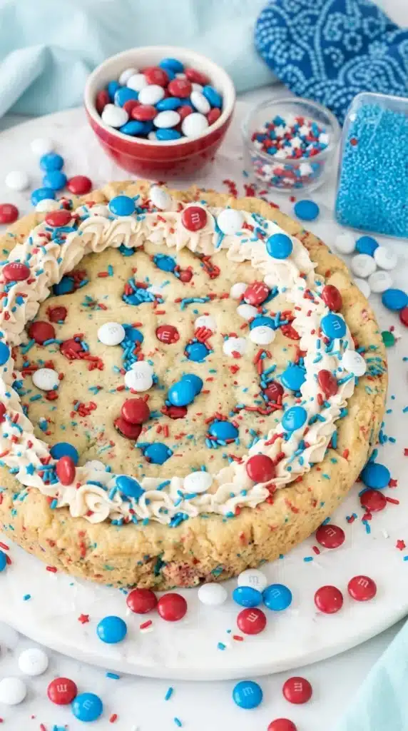 Fireworks Sugar Cookie Cake with frosting and red blue sprinkles on top
