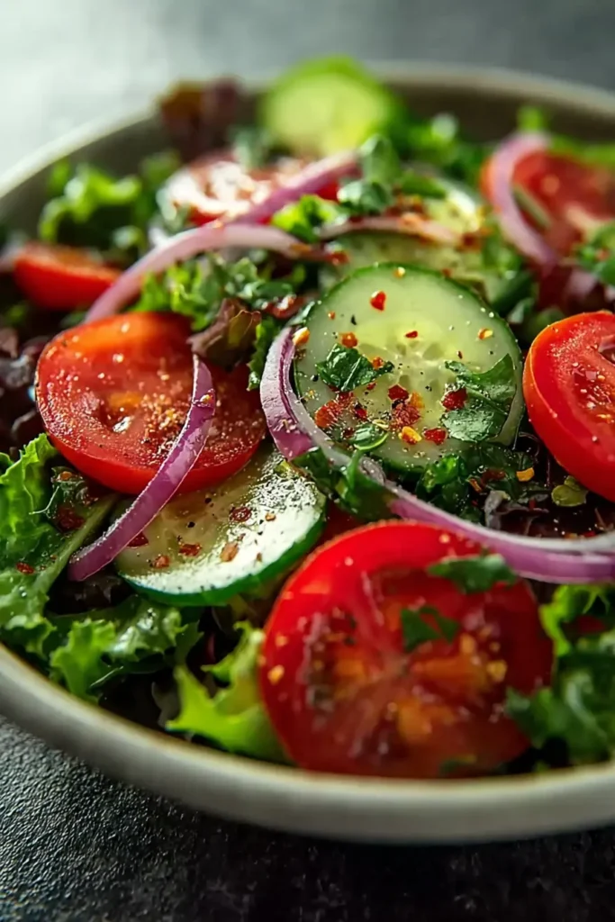 Garden Salad with cucumbers, tomatoes, and fresh greens in a bowl