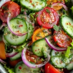 Fresh garden salad with cucumbers, cherry tomatoes, and red onion in a bowl