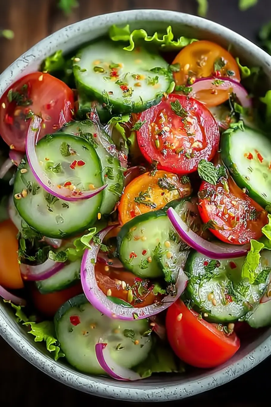 Fresh garden salad with cucumbers, cherry tomatoes, and red onion in a bowl