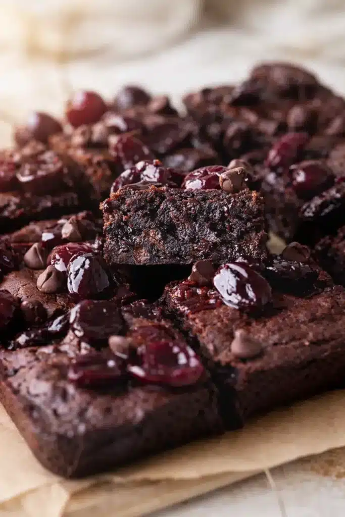 Roasted Chocolate Cherry Brownies showing fudgy interior and glossy cherries