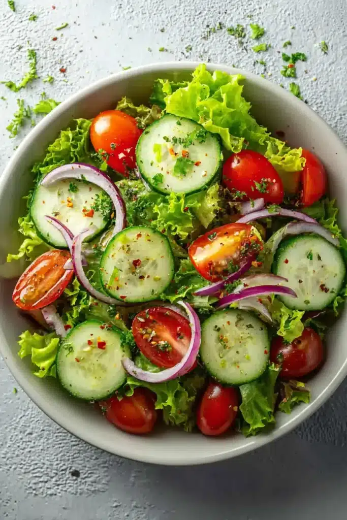 Fresh Garden Salad with lettuce, cucumbers, and tomatoes in a white bowl