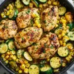 Savory garlic butter chicken with zucchini and corn in skillet
