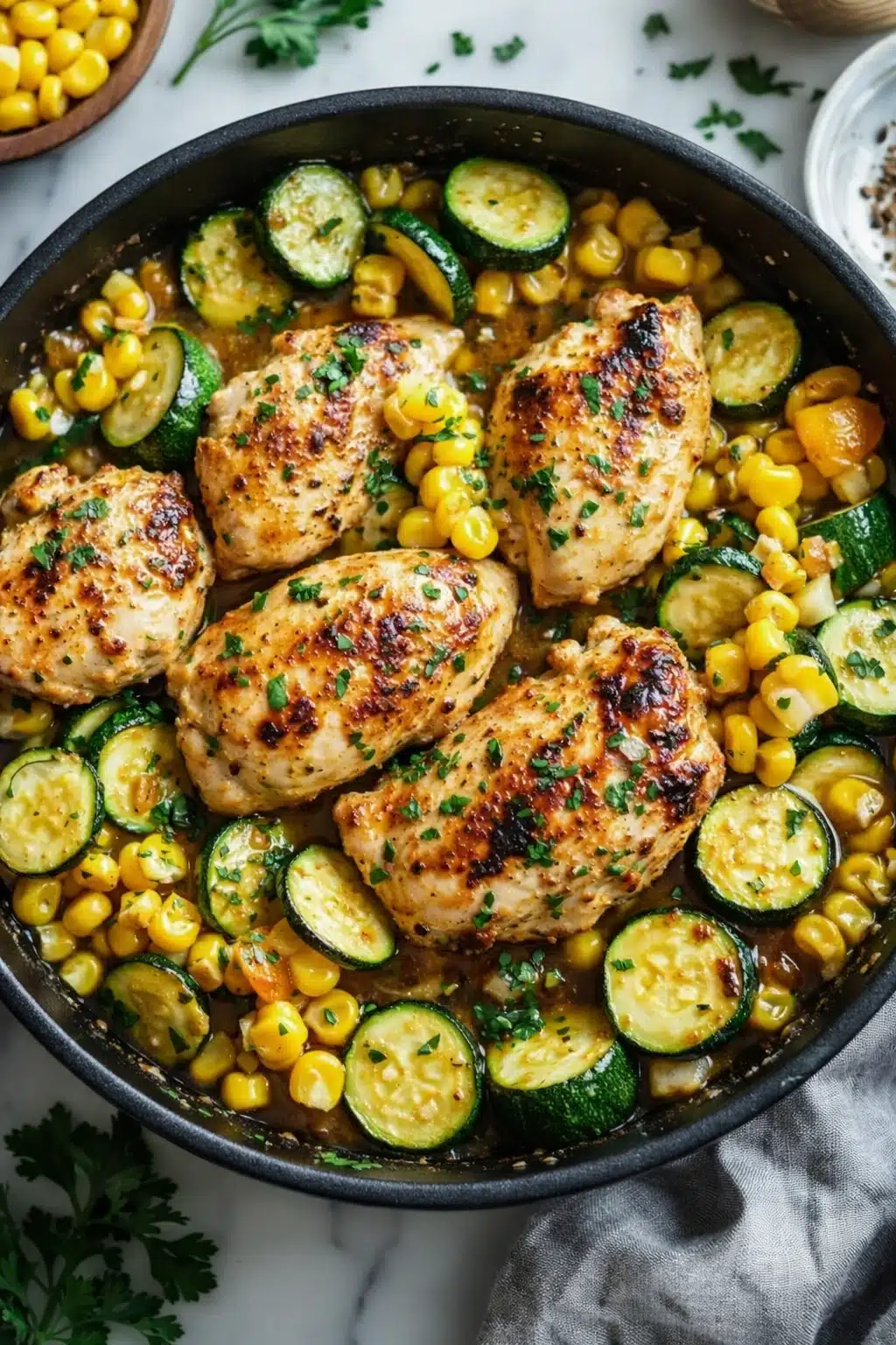 home 11 Savory garlic butter chicken with zucchini and corn in skillet