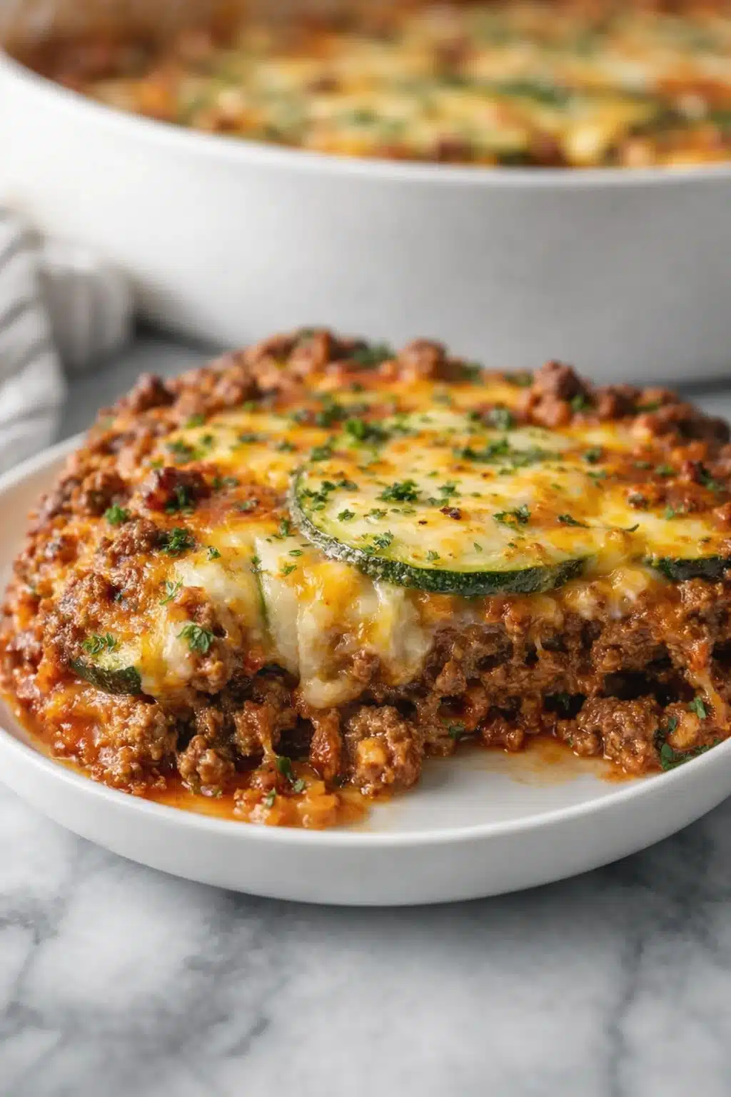home 8 ground beef zucchini bake with melted cheese and marinara on white plate