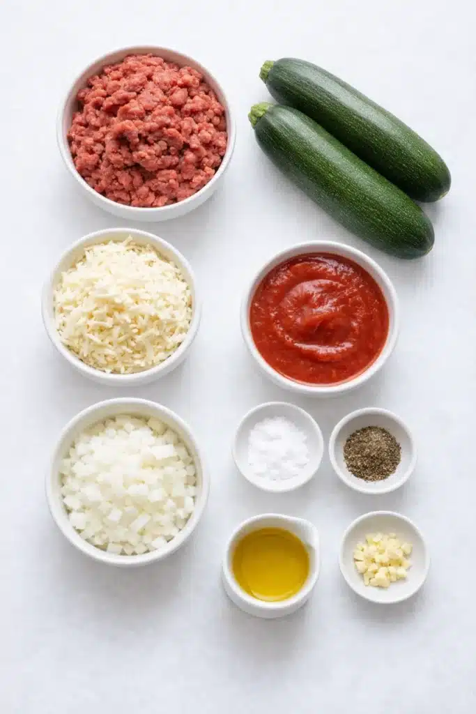 ground beef zucchini bake ingredients laid out with zucchini beef cheese and sauce