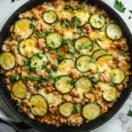 Ground turkey and zucchini skillet with tomato sauce and fresh herbs in a pan