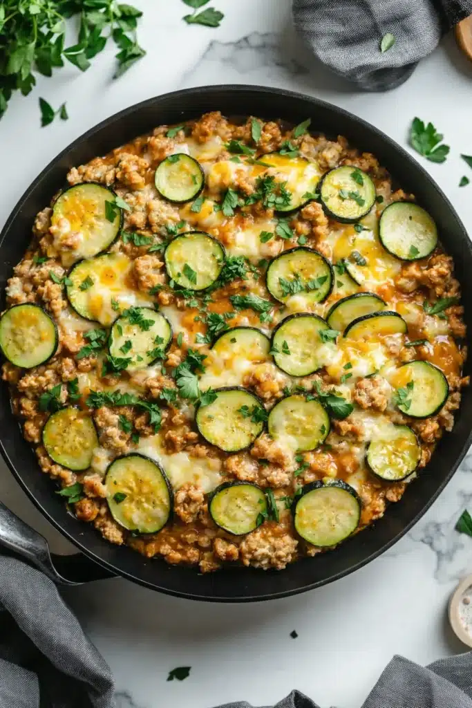 Ground turkey and zucchini skillet with tomato sauce and fresh herbs in a pan