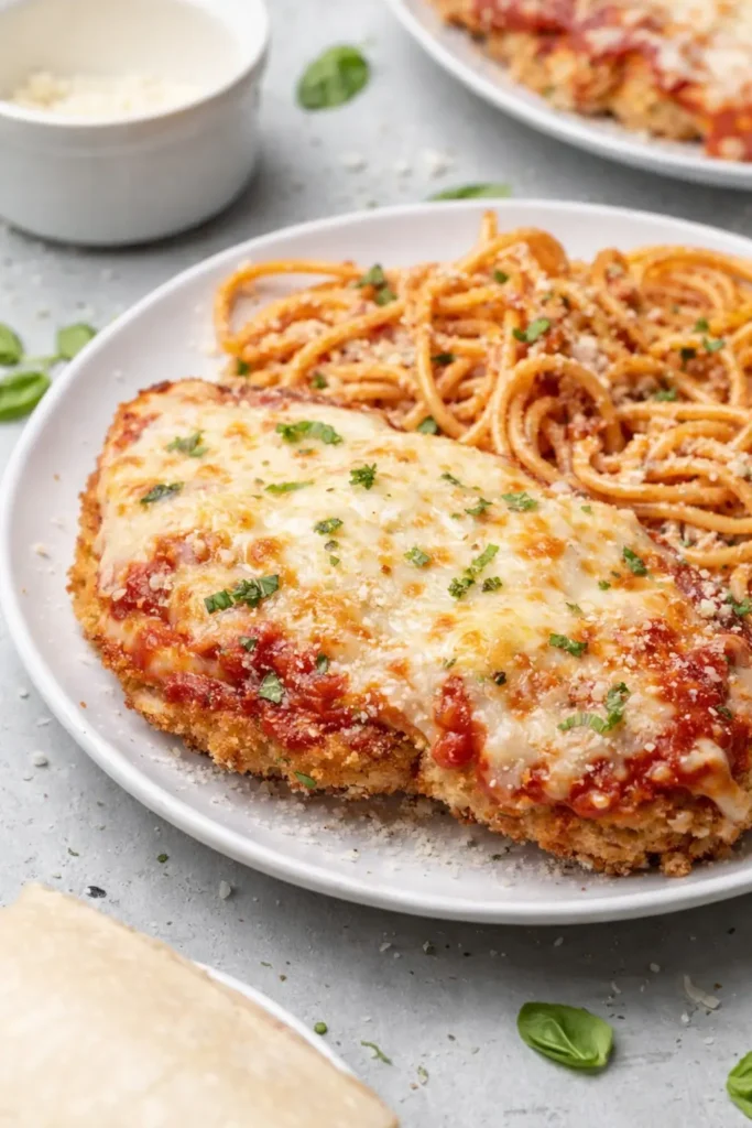 Healthy Baked Chicken Parmesan with crispy coating and spaghetti