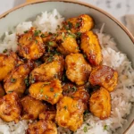 Honey garlic chicken bites over white rice with glossy sauce and herbs