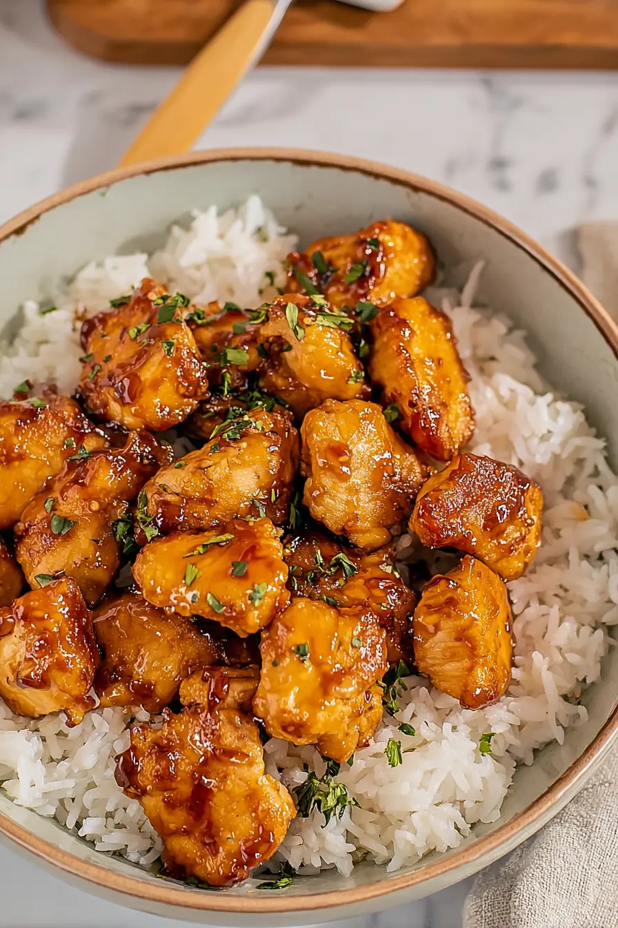 Honey garlic chicken bites over white rice with glossy sauce and herbs