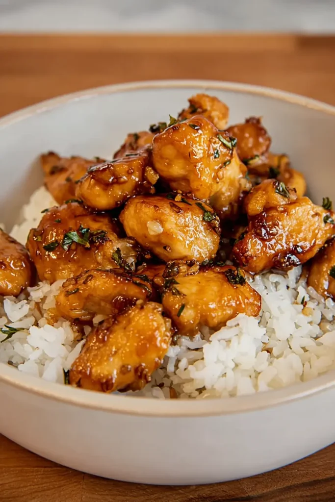 Honey Garlic Chicken Bites served over rice with glossy garlic sauce