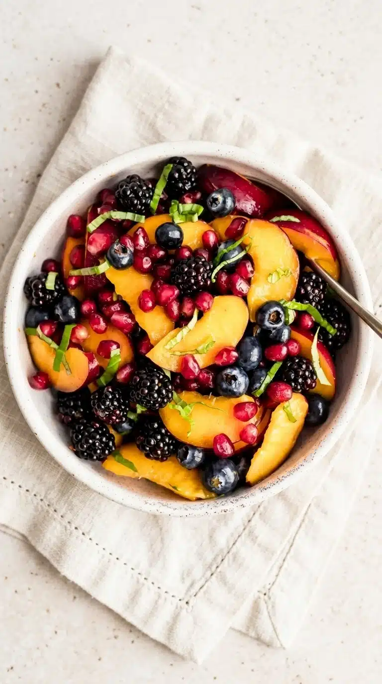 Honey lime basil peach fruit salad with berries and pomegranate in a bowl