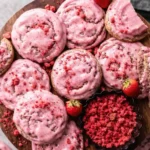 Iced strawberry sugar cookies with pink icing and freeze dried strawberry topping