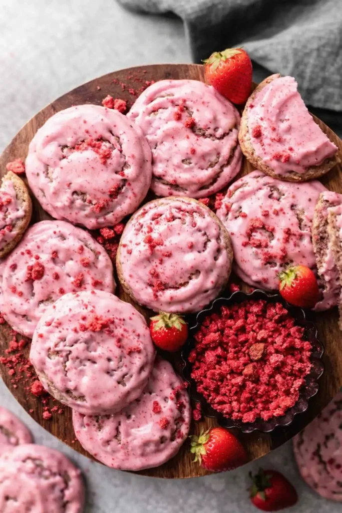 Iced strawberry sugar cookies with pink icing and freeze dried strawberry topping