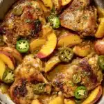 Jalapeno peach chicken skillet with juicy chicken, peaches, and spicy glaze
