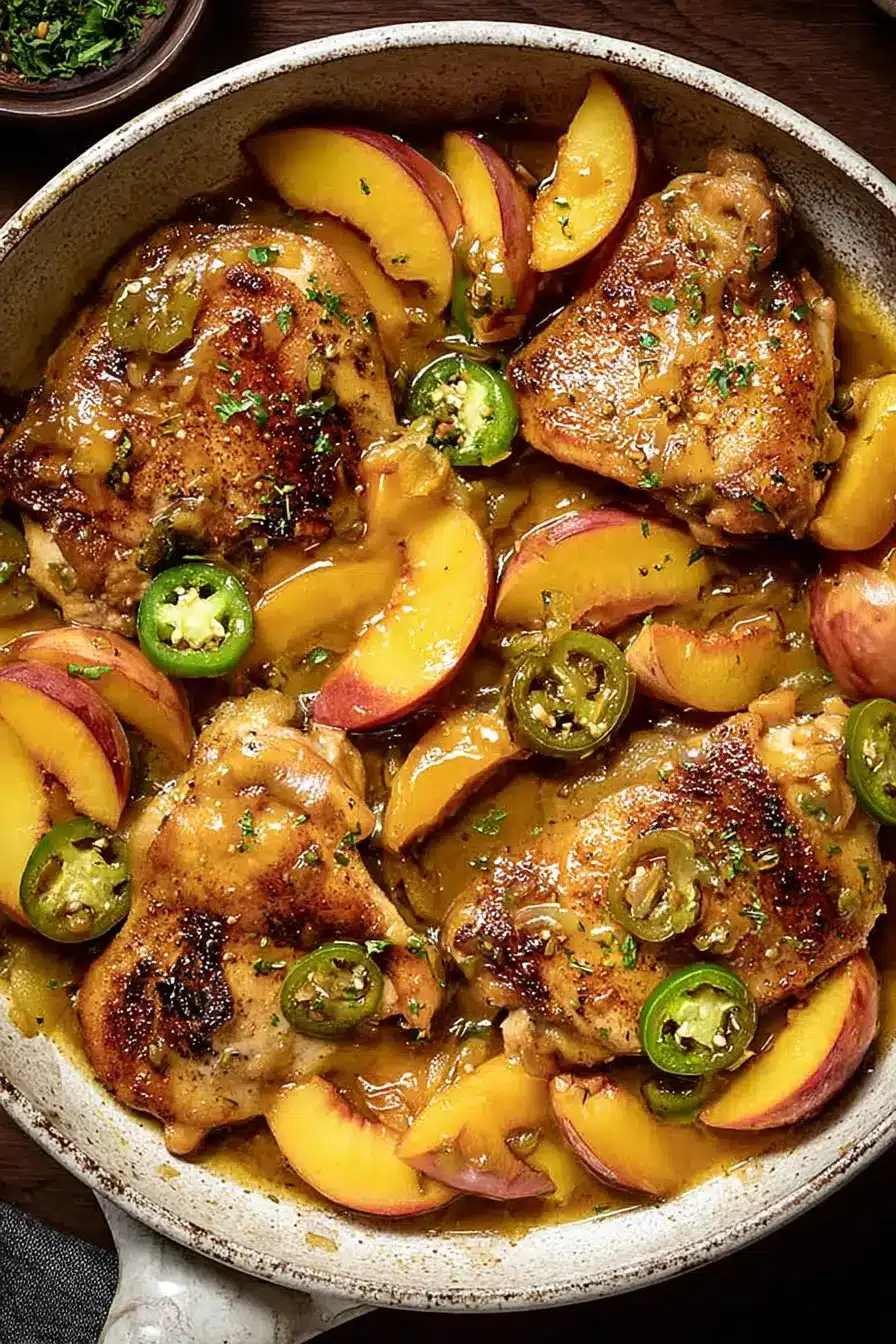 Jalapeno peach chicken skillet with juicy chicken, peaches, and spicy glaze